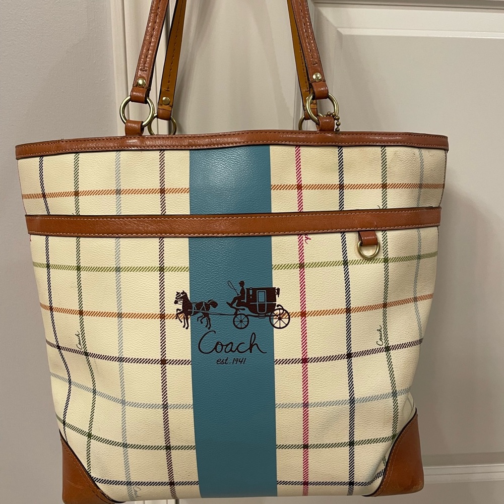 Coach leather shoulder bag. Tattersall design. Great condition!